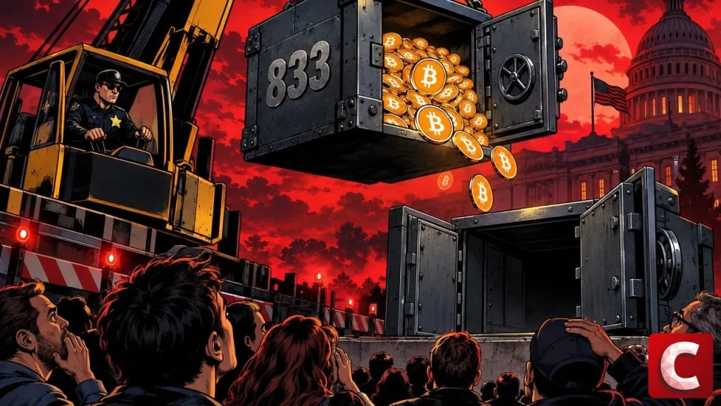 Seized bitcoin: a crane lifts a vault full of Bitcoin coins toward a new vault