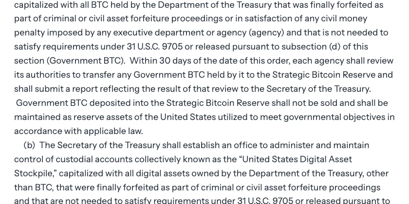 Seized bitcoin: section of the March 6, 2025 US executive order on the strategic reserve