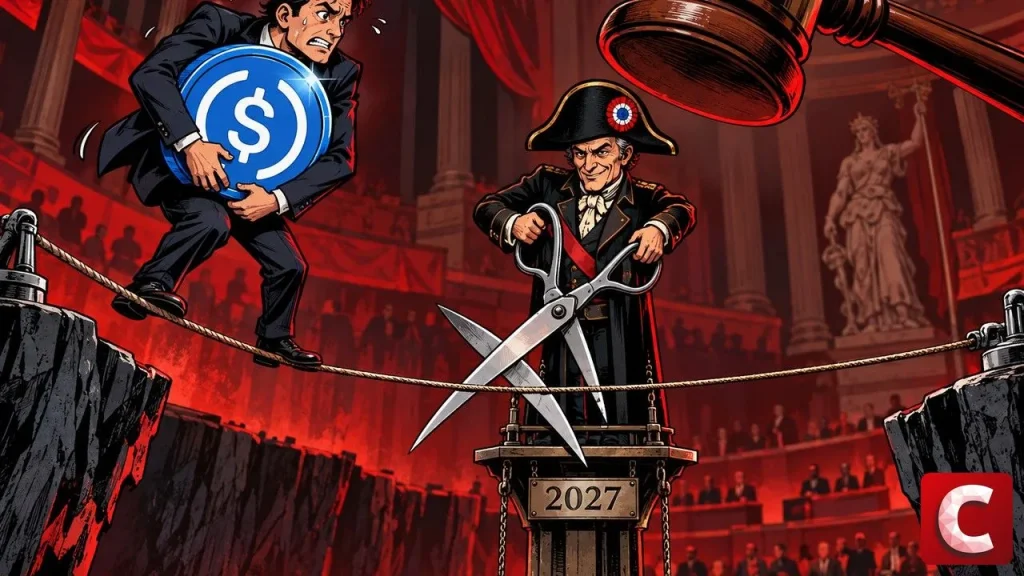 Stablecoins : un percepteur s'apprête à couper le fil d'un funambule qui porte le logo USDC